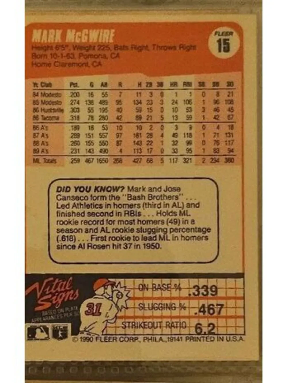 Mark McGwire 1990 Fleer BASEBALL #15 Oakland Athletics